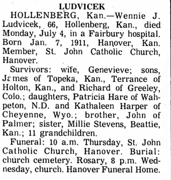 Obituary for Wennie J. LUDVICEK (Aged 66)